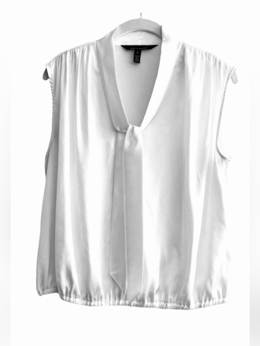 WHBM Sleeveless Suiting Blouse Satin Tie Neck Bubble Hem White Size M